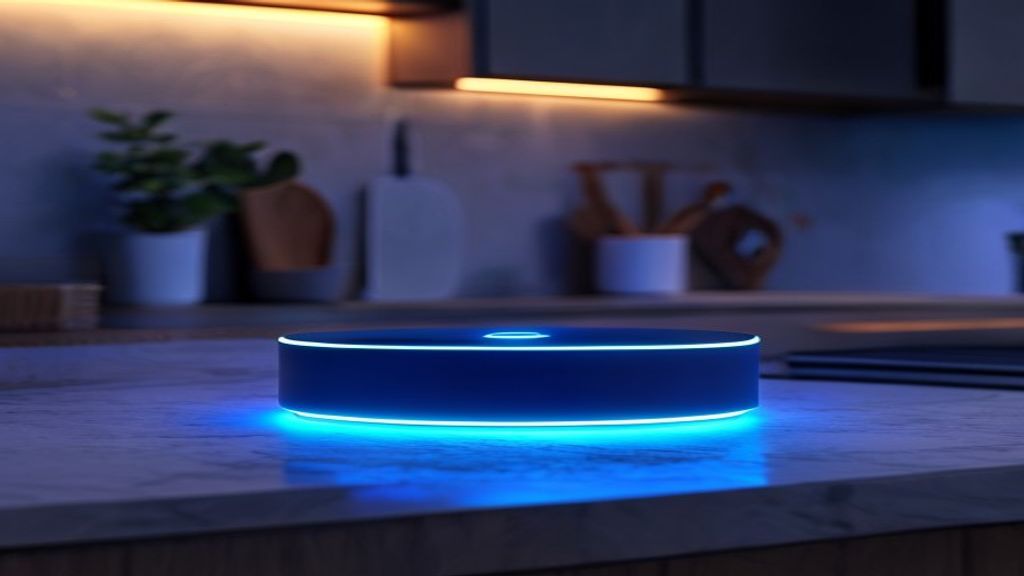 Amazon Echo smart speaker with glowing blue ring on kitchen counter