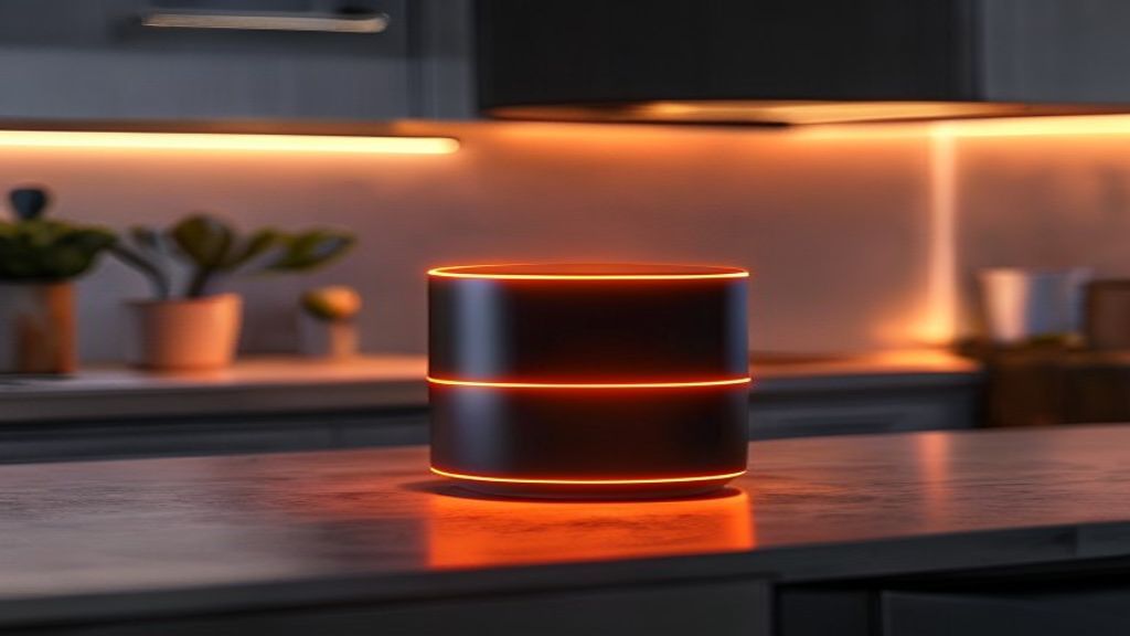 Amazon Echo smart speaker with glowing orange ring on kitchen counter