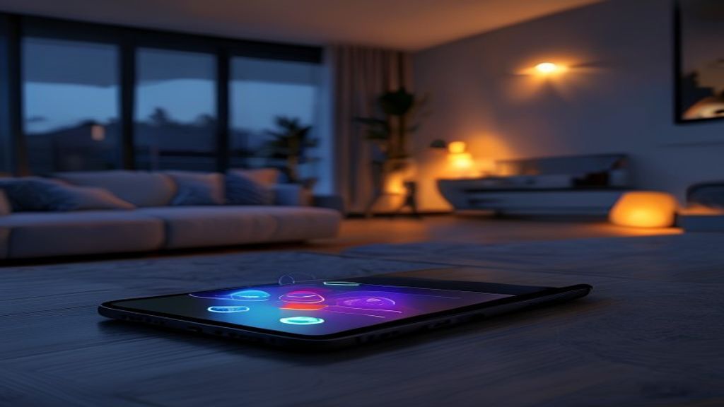 Smart home lighting app on smartphone in modern living room evening setting